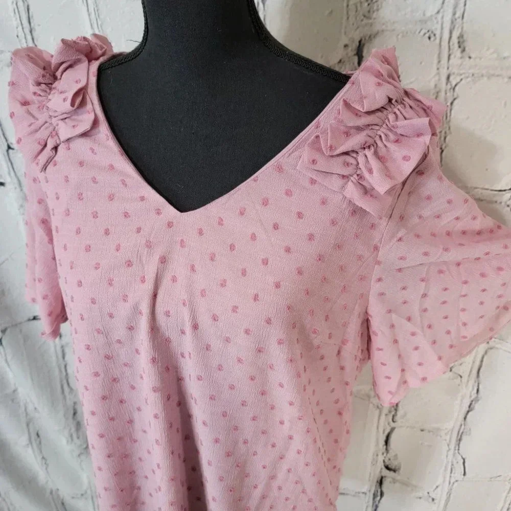 BLUSH Bell Sleeve Pink Swiss Dot Dressy Blouse with Ruffle Detail Womens L NWT - Picture 2 of 8